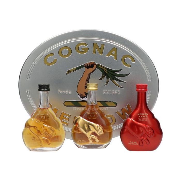 Meukow VS + VSOP + XO Tin Giftset 3 x 5 cl + GBX (20 packs of 3 5cl bottles)